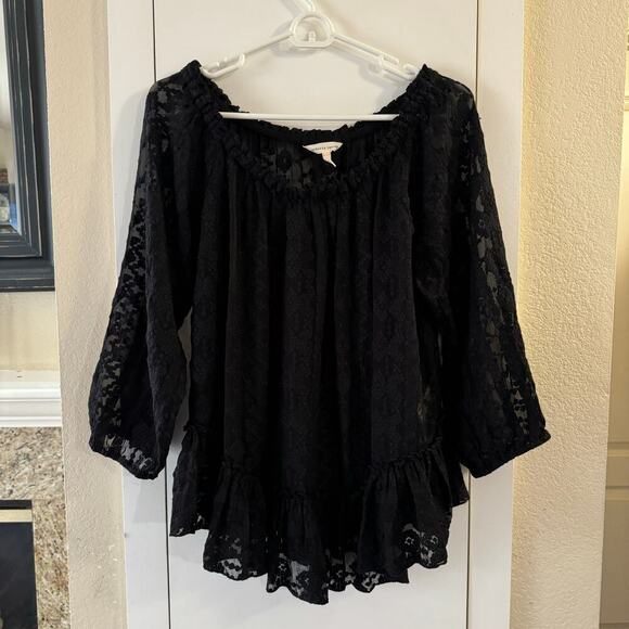 Rebecca Taylor Womens Embroidered Black Silk Lace Sheer Off The Shoulder Blouse - Picture 3 of 10